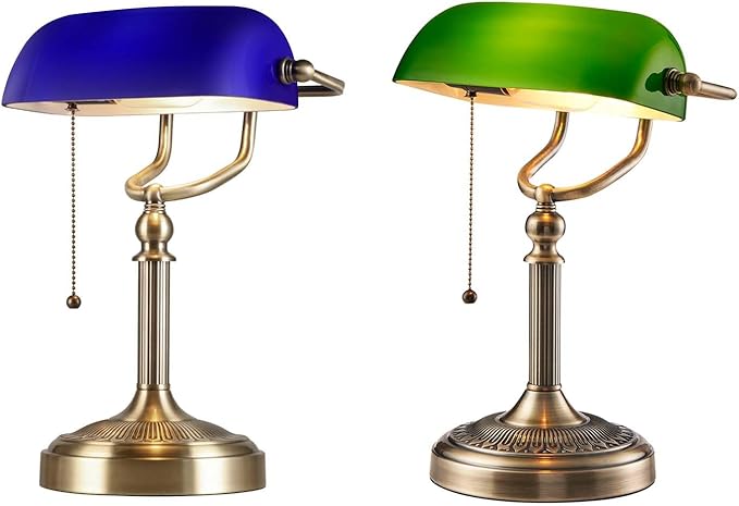 Newrays Blue Glass Bankers Desk Lamp & Green Glass Bankers Desk Lamp