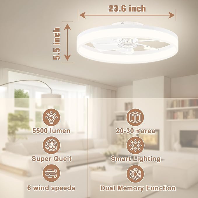 VOLISUN Low Profile Ceiling Fans with Lights and Remote, 23.6in Flush Mount Ceiling Fans with Light, 3000K-6500K Dimmable Fandelier LED Fan Lights, Bladeless Ceiling Fan with Light for Bedroom(White) - Aura Lighting