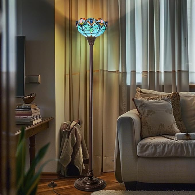 Tiffany Torchiere Floor Lamp - 70" Tall Antique Style Blue Stained Glass Corner Standing Light for Living Room, Bedroom & Home Office