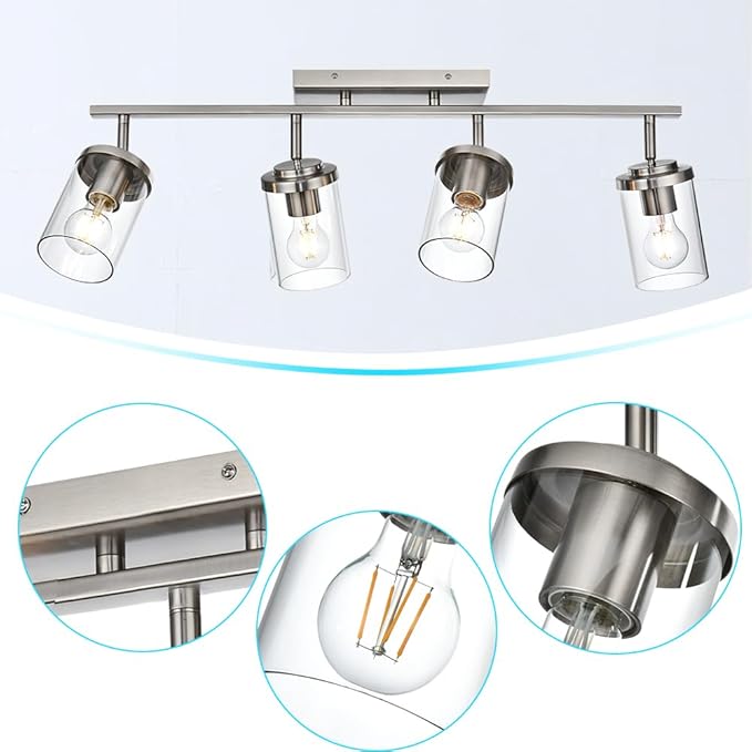BONLICHT Modern Track Lighting Fixtures Ceiling 4 Light Adjustable Indoor Spotlight Brushed Nickel Farmhouse Bath Vanity Light Wall Mount Lamp with Clear Glass Shade - Aura Lighting