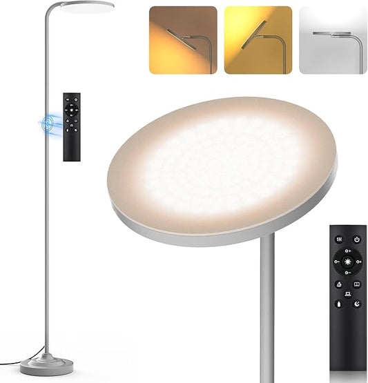 36W LED Floor Lamp, Super Bright Standing Lamp, Modern Stepless Dimmable Torchiere Tall Lamp with Remote Control, 350°Rotating Head Reading Floor Lamp for Living Room, Bedroom - Silvery Grey - Aura Lighting