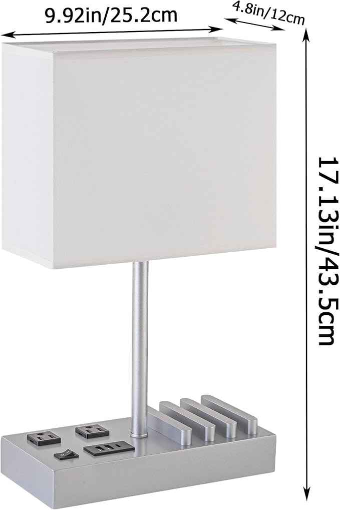 Dreamholder Bedside Table Lamp with 3 USB Charging Ports, 2 AC Outlets and 3 Phone Stands, Modern USB Desk Lamp with Silver Wooden Base