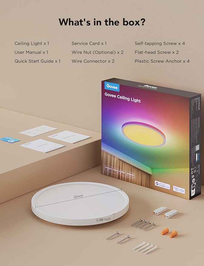 Govee Smart Ceiling Light, RGBIC LED Ceiling Light Fixture, 2400LM Flush Mount Light Fixture, DIY Colors, Works with Alexa, 2200K-6500K Lights for Bedroom, Living Room,12 Inch, 1 Pack (White)