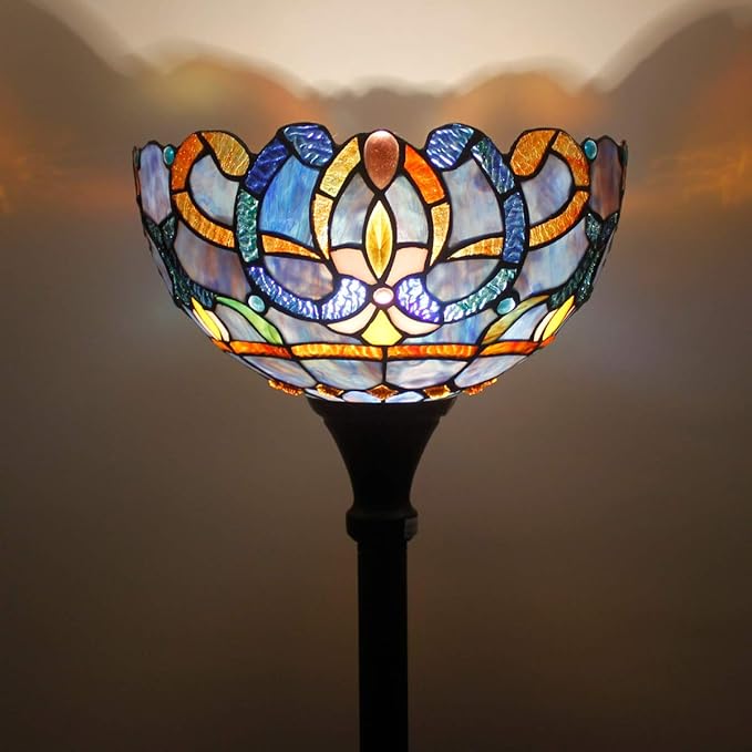 WERFACTORY Tiffany Floor Lamp Blue Purple Cloud Stained Glass Light 12X12X71 Inches Pole Torchiere Standing Corner Torch Uplight Decor Bedroom Living Room Home Office S558 Series (Blue Purple)