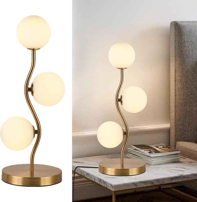 Mid Century Gold Globe Table Lamp 3-Light Flower Curve Beside Desk Table Light with Milk White Glass Shade Metal Base Nightstand Lamp for Bedroom Bedside