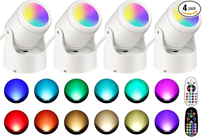 4 Pack 6W RGBW Uplighting Indoor Color Changing Up Lights Indoor with Remote Dimmable LED Christmas Spot Lights for Home Aluminum Accent Lighting for Party Plant Decor with 5.9 FT Plug Cord