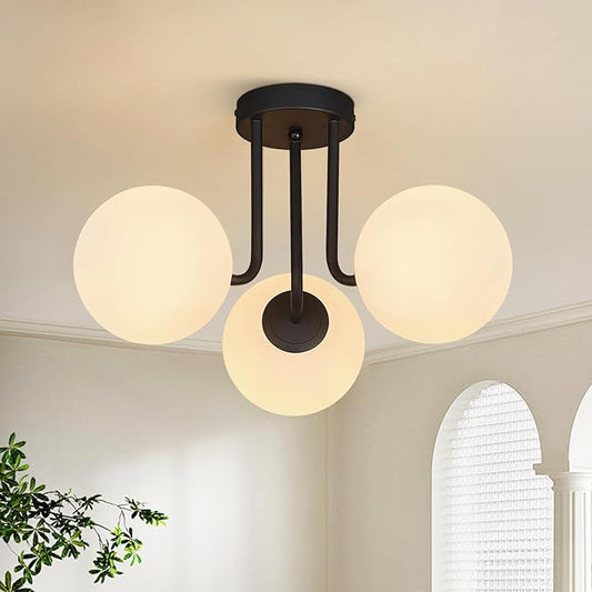 3-Light Modern Black Ceiling Light with Globe White Glass Shade Farmhouse Semi Flush Mount Ceiling Light Sputnik Chandeliers for Bedroom Living Room Dinning Room Foyer Hallway - Aura Lighting