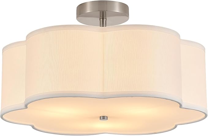 18" Modern Semi Flush Mount Ceiling Light Modern 3-Lights Linen Drum Ceiling Lighting with Chrome Finish, Vintage Ceiling Light for Living Room, Kitchen, Basement, Laundry Room, Bedroom - Aura Lighting