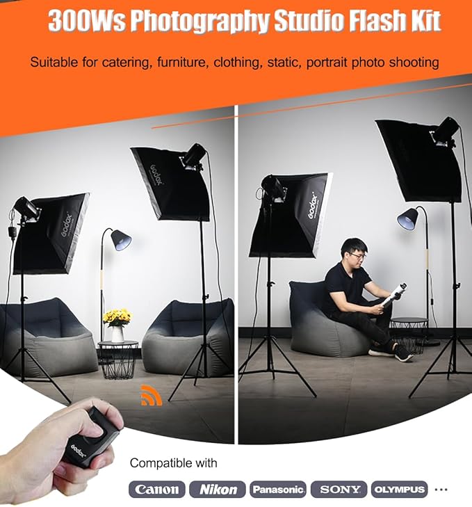 Godox 2pcs MS300V 600W Studio Strobe Flash Light Kit,2.4G Bowens Mount Lighting Flash GN58 5800K with AT-16 Trigger,Light Stands,Softboxes,Umbrella,Reflector,Carry Bag for Portrait Product Photography