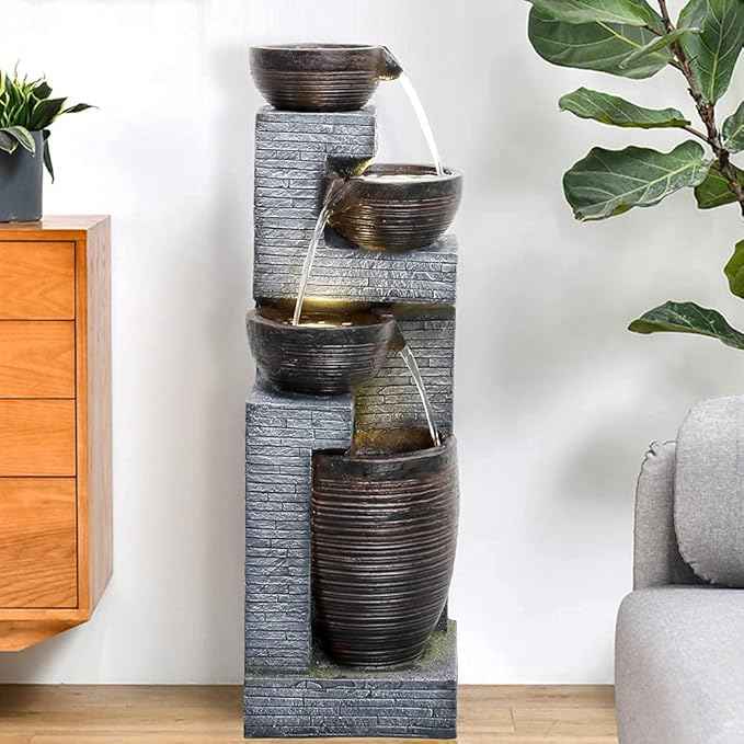 SunJet Indoor/Outdoor Cascading Water Fountain - 40.1inches Garden Fountains with Warm Lights, 4 Bowls Waterfall Feature for Home Deck, Patio, Porch, Yard Decor
