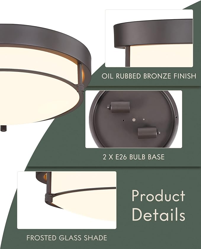 12 inch Flush Mount Ceiling Light, 2-Light Close to Ceiling Light Fixtures with Oil Rubbed Bronze Finish for Bathroom Bedroom Kitchen Hallway, 4822-ORB - Aura Lighting