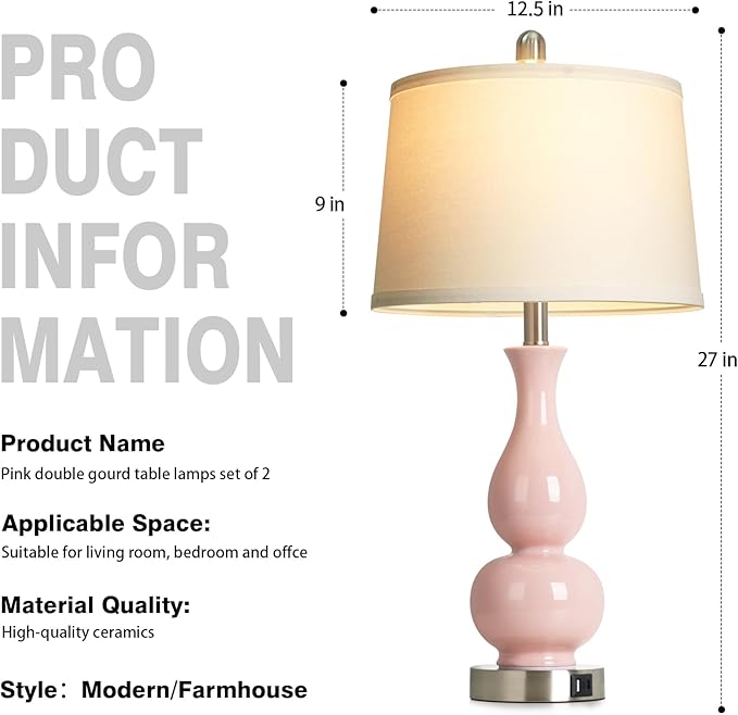 27" Pink Double Gourd Ceramic Lamps for Bedroom, Modern Ceramic Living Room Lamp with USB A+C Ports, Cute Bedside Table Lamps Set of 2, Tall Lamp for Night Stand Side End Table Home Decor
