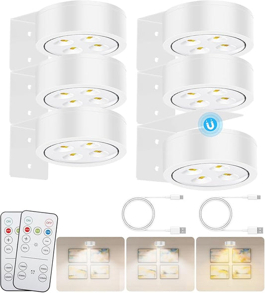 Wireless Magnetic Picture Lights LED Mural Light Rechargeable Battery-Powered Wall Frame Lights with 3 Lighting Modes, Remote Control, and Timer 6Pack White