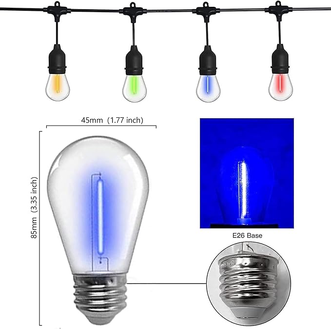 Sxminer 15 Pack S14 LED Bulbs Blue Christmas Replacement Bulb S14 String Light Bulbs Edison Bulb E26 Base Plastic Shatterproof Waterproof LED Decorative Bulbs for Indoor Outdoor Home Patio Decor(Blue)