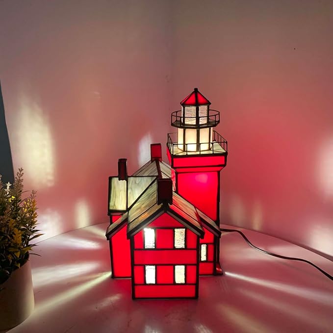 Bieye L10926 Big Bay Point Lighthouse Tiffany Style Stained Glass Accent Table Lamp for Home Decor
