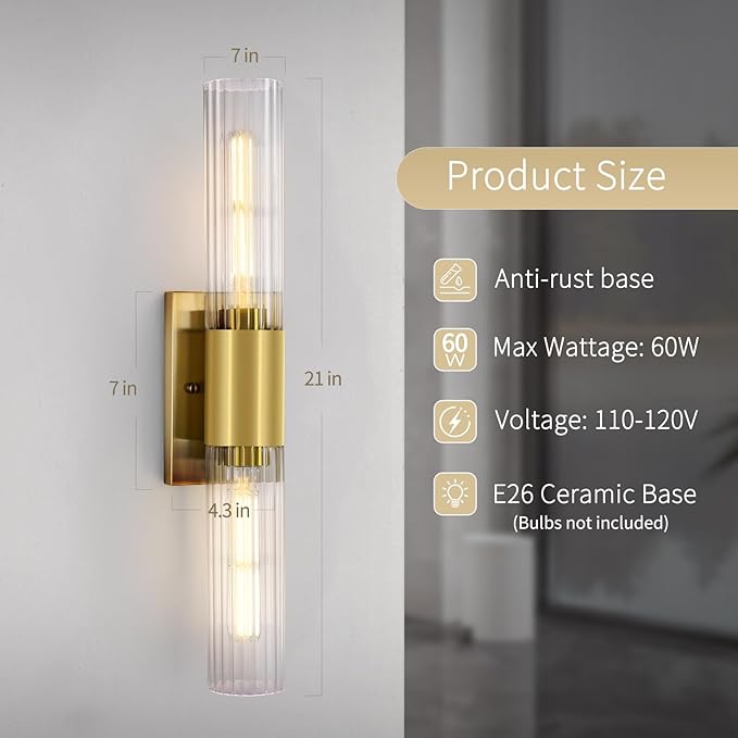 21" Gold Bathroom Sconces Set of 2 , Modern Wall Sconces Set of Two with Threaded Glass, Hardwired Up Down Wall Lighting Vanity Fixtures for Bedroom Bathroom Living Room Hallway (Bulb Not Included) - Aura Lighting
