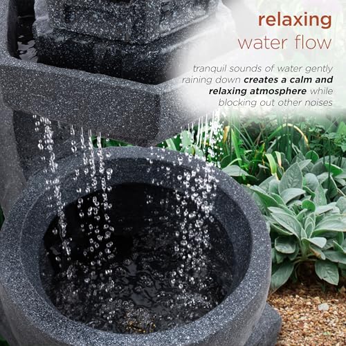 DIG370 31" Outdoor Zen Pagoda Water Fountain with LED Lights & Illuminated Stone Bowl