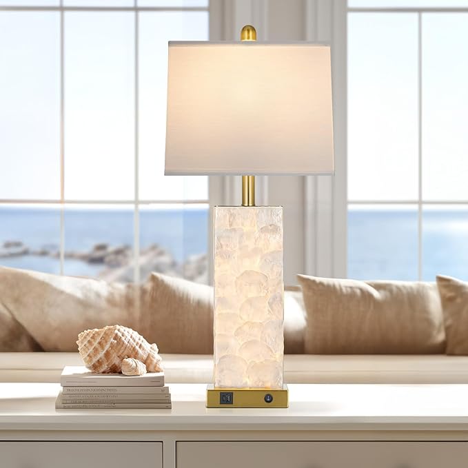 28" Coastal Table Lamps for Living Room, Bedside Lamps with Night Light, USB A+C Ports, Modern Sea Shell Bedside Night Stands Light for Beachy Cottage Decor (Gold 1Pack