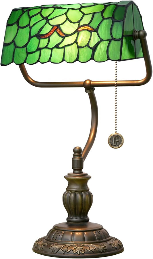 Tiffany Style Green Bankers Desk Lamp Stained Glass Lamps Tree Leaf Vintage Bedroom Bedside Study Pull Chain Reading Desk Light Retro Office Led Adjustable Nightstand Antique Accent Deskla