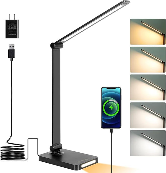 LED Desk Lamp with USB Ports,Touch Desk Lamps for Home Office with 5 Color Modes,3 Brightness Desk Light with Small Night Light,Reading Lamp Table Lamp for Bedroom Bedside Study Black （with adapter） - Aura Lighting