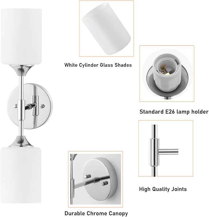 2-Lights Modern Wall Sconce White Cylinder Glass Shades Mid Century Bathroom Vanity Wall Light Fixtures Industrial Wall Lamp for Bedroom Mirror Living Room Restaurant(Chrome Color)