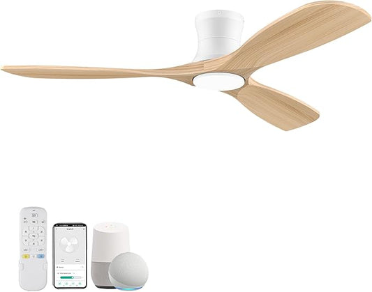 Smart 52” Wood Flush Mount Ceiling Fans with Lights and Remote,Quiet DC Motor,Outdoor Indoor Ultra Low Profile Ceiling Fan works with Alexa WIFI APP,Modern White Ceiling Fan for Bedroom Patio - Aura Lighting