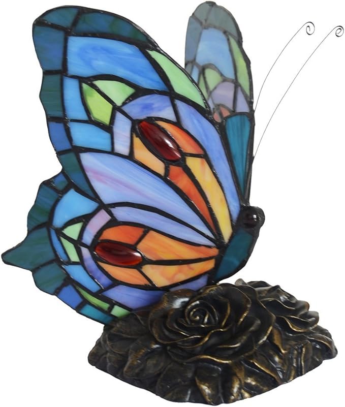 Bieye L10040 Butterfly Tiffany Style Stained Glass Accent Table Lamp, Night Light (Multi-Colored C)
