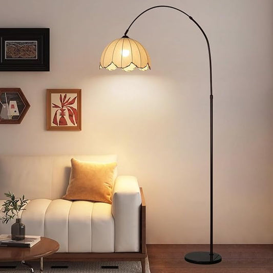 Rustic Wabi sabi Style Fabric Floor Lamp with E26 Socket for Bedroom or Dining Room Black Iron Tall Standing Over Couch, Arc Design Reading Rust Proof and Retro Chic