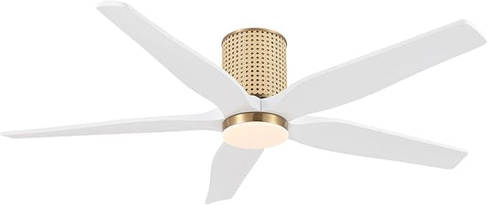 54" Ceiling Fan with Light - Low Profile Flush Mount Ceiling Fan, 6-Speed Remote Control, Solid Wood, Quiet Reversible DC Motor, White/Gold Finish, for Bedroom, Living Room, Porch - Aura Lighting