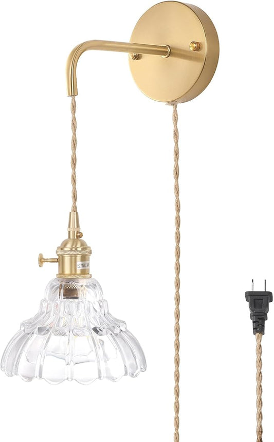 Vintage Wall Sconce with Clear Lily of The Valley Glass Shade Hanging Wall Sconce with 4.9FT Plug in Cord, Modern Wall Lamp Fixtures Decor for Bedside Bedroom Indoor Doorway - Aura Lighting