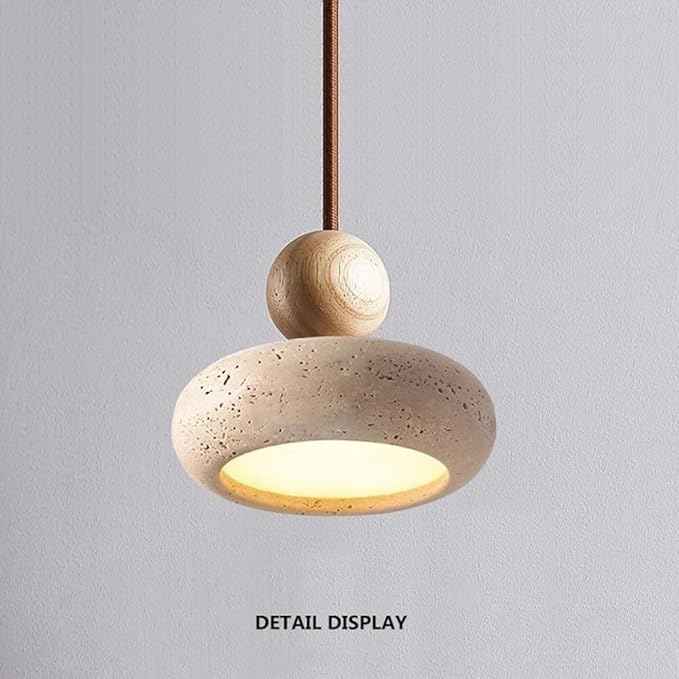 Japanese Wabi-Sabi Pendant Light Rustic Stone and Wood Modern Minimalist Chandelier Beige Natural Wood Accent Lighting Handmade Pendant Lamp for Kitchen Island, Dining Living Room(Beige)