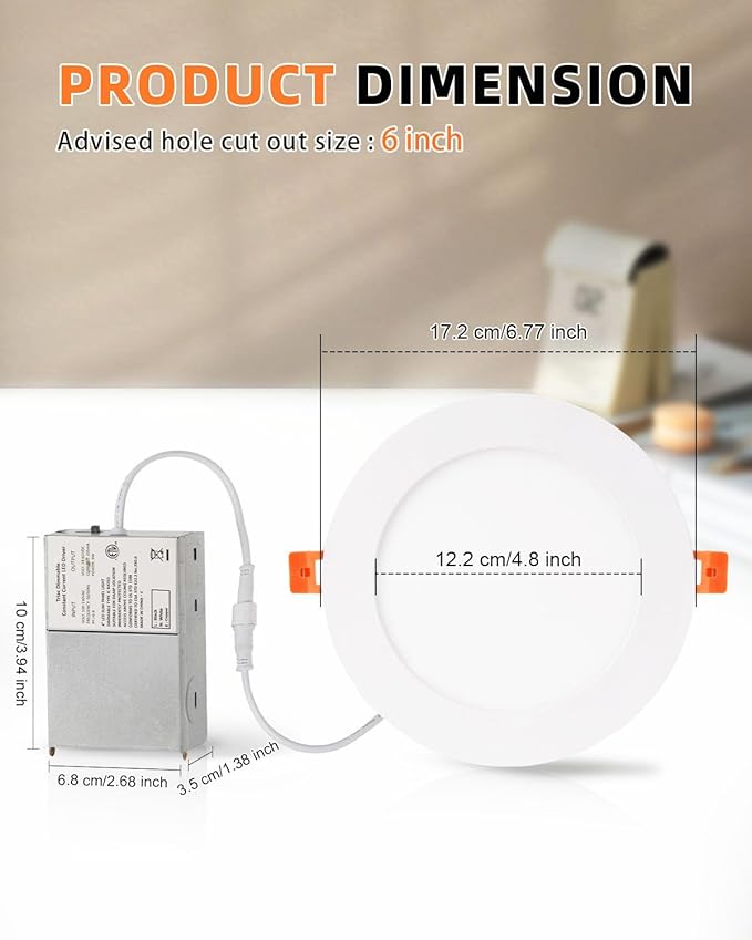 ZYC Recessed Lighting 6 Inch - 12W Ultra-Thin LED Ceiling Lights,2700-5000K Selectable,5CCT Canless Wafer Downlight,1100LM Hight Brightness,Dimmable Can Light,Pack of 12 Black.