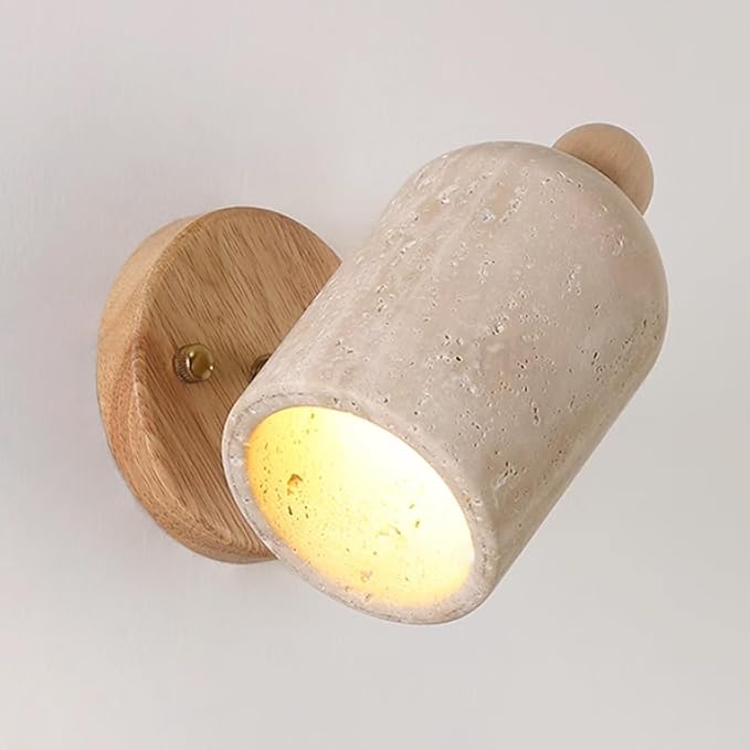 Natural Yellow Travertine Wall Lamp, Adjustable Marble Wall Mounted Light with Wood Base, Japanese Wabi Sabi Style Stone Wall Sconce for Bedroom Bedside Living Room Study(Wood)
