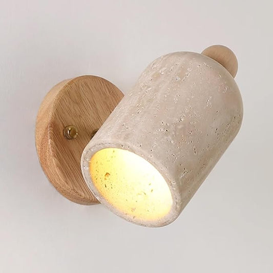 Natural Yellow Travertine Wall Lamp, Adjustable Marble Wall Mounted Light with Wood Base, Japanese Wabi Sabi Style Stone Wall Sconce for Bedroom Bedside Living Room Study(Wood)