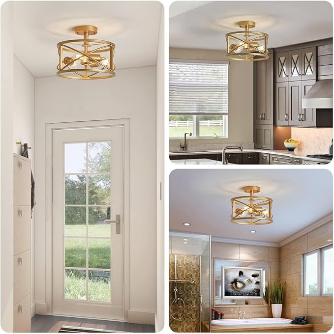 WUZUPS Chandelier 3-Light Vintage Farmhouse Industrial Semi-Flush Mount Ceiling Light Modern Lighting Fixture for Foyer Bedroom Hallway Storage Room Kitchen Bathroom, H 9.4" x W 12", E26 Base, Gold