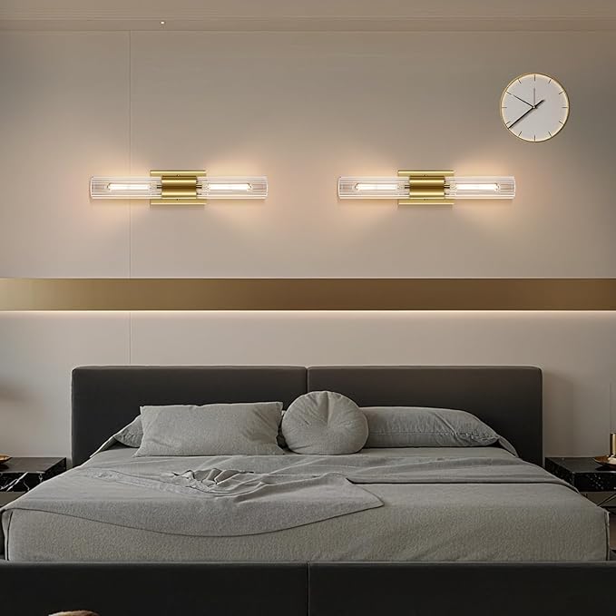 21" Gold Bathroom Sconces Set of 2 , Modern Wall Sconces Set of Two with Threaded Glass, Hardwired Up Down Wall Lighting Vanity Fixtures for Bedroom Bathroom Living Room Hallway (Bulb Not Included) - Aura Lighting