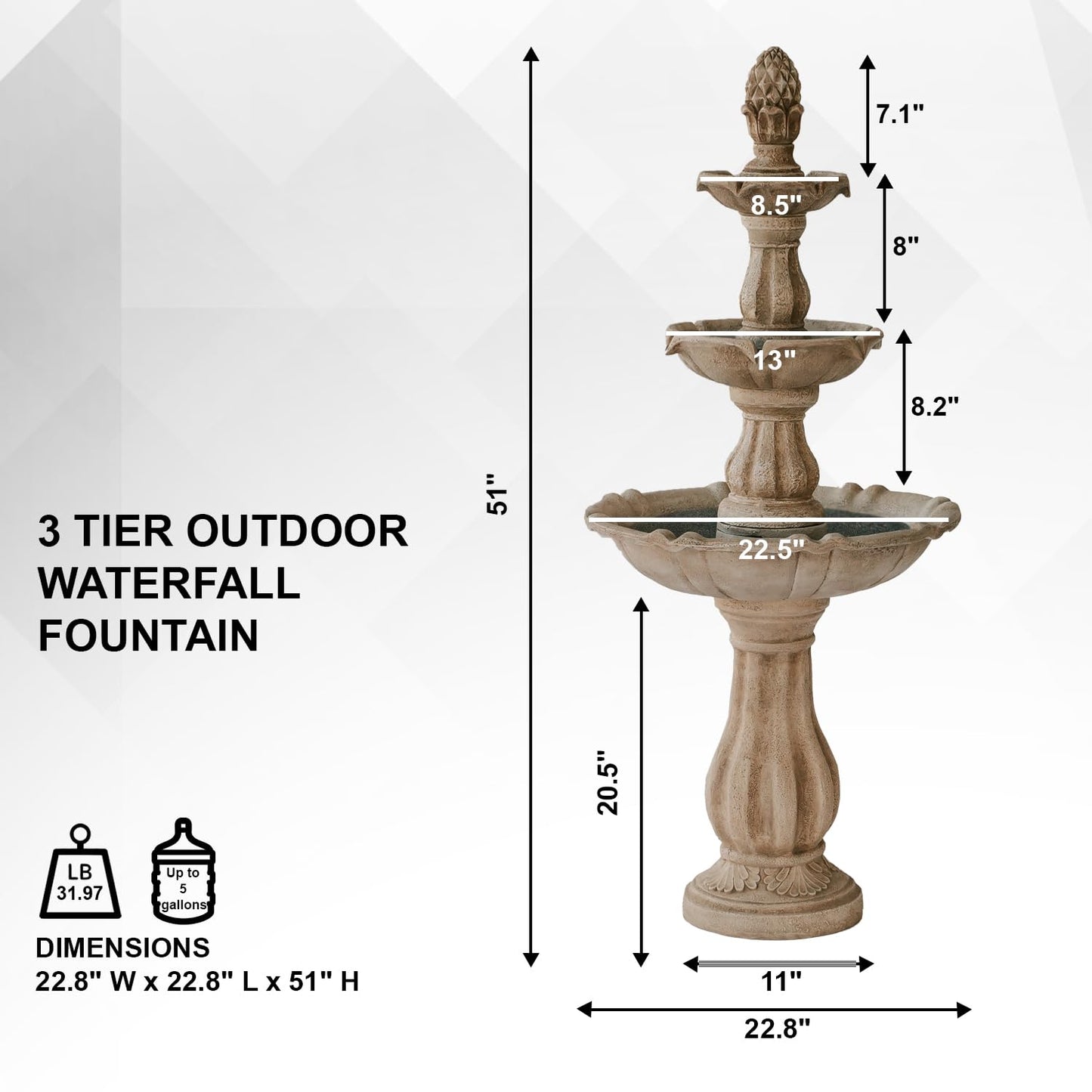 51" 3 Tier Outdoor Freestanding Waterfall Fountain with Pump and Pineapple Finial