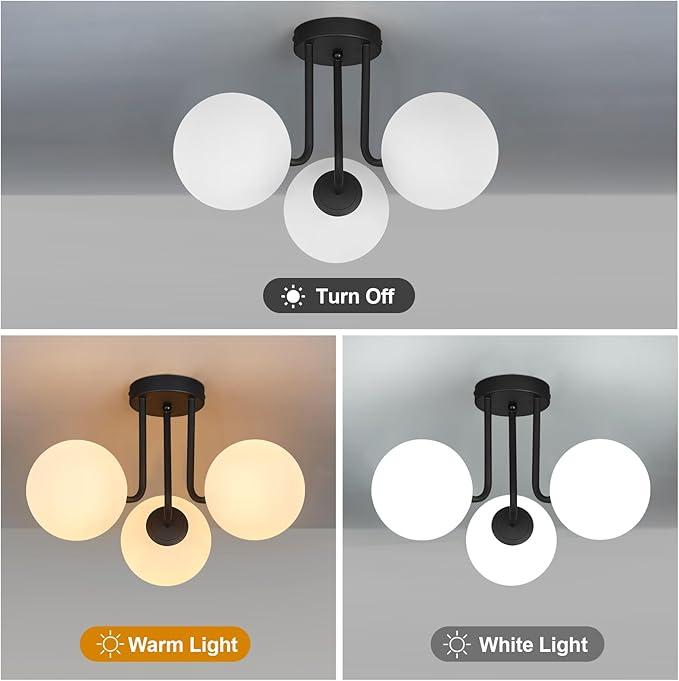 3-Light Modern Black Ceiling Light with Globe White Glass Shade Farmhouse Semi Flush Mount Ceiling Light Sputnik Chandeliers for Bedroom Living Room Dinning Room Foyer Hallway - Aura Lighting