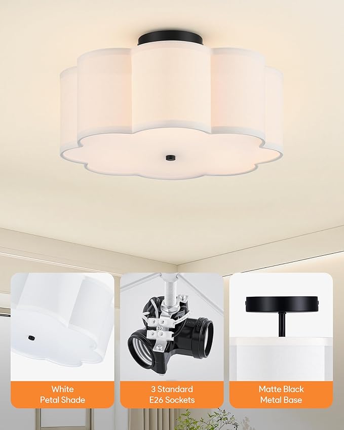 VONLUCE Semi-Flush Mount Ceiling Light, 15.7" Modern 3-Light Ceiling Light Fixture with White Petal-Shaped Shade 3 E26 Sockets for Bedroom Entryway Living Room, Black Finish, ETL Certificated - Aura Lighting