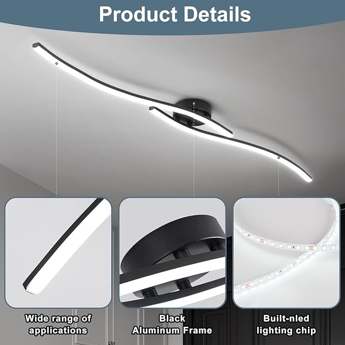 47.24Inch Linear Ceiling Light 6000K Black Modern Ceiling Light Fixture 35W Long Flush Mount Ceiling Lamp for Hallway, Kitchen, Bedroom, Dining Room - Aura Lighting