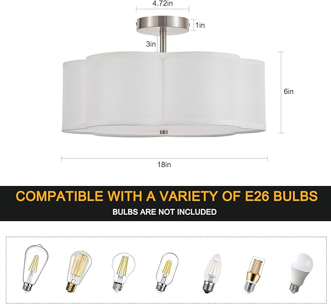 18" Modern Semi Flush Mount Ceiling Light Modern 3-Lights Linen Drum Ceiling Lighting with Chrome Finish, Vintage Ceiling Light for Living Room, Kitchen, Basement, Laundry Room, Bedroom - Aura Lighting