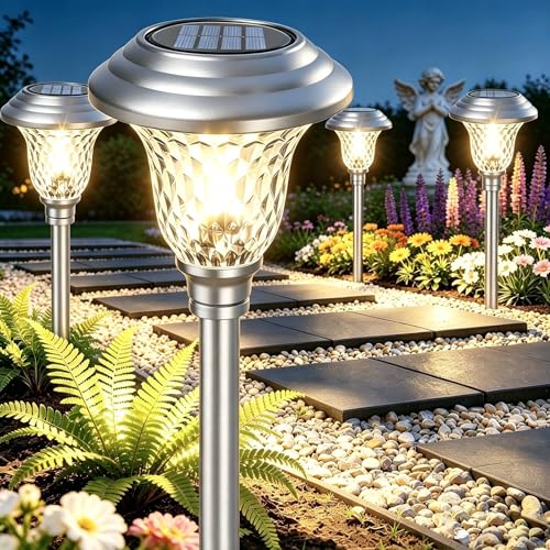 4 Pack Solar Pathway Lights White+ Color Changing Stainless Steel 3 Mode Outdoor Multicolor Metal Solar Powered Waterproof Glass for Garden Landscape Path Yard Walkway Driveway Silver