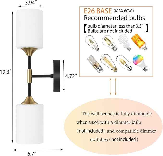 Industrial Mid Century Wall Sconce 2-Lights with White Cylinder Glass Shades Modern Bathroom Vanity Wall Lamp Matte Black and Gold Brushed Brass Finished Wall Light Fixture