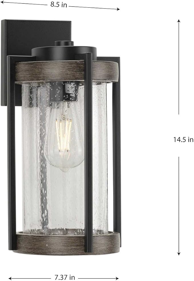 Whitmire Collection 1-Light Clear Seeded Glass Light Aged Oak Accents Farmhouse Outdoor Wall Lantern Light Matte Black