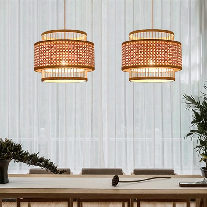 Double Layer Bamboo Pendant Light, Handwoven Japanese Zen Wabi Sabi Hanging Lamp, Natural Chandelier,Country-Style Dining Room LightFixture for Tea Room Guesthouse Living Room