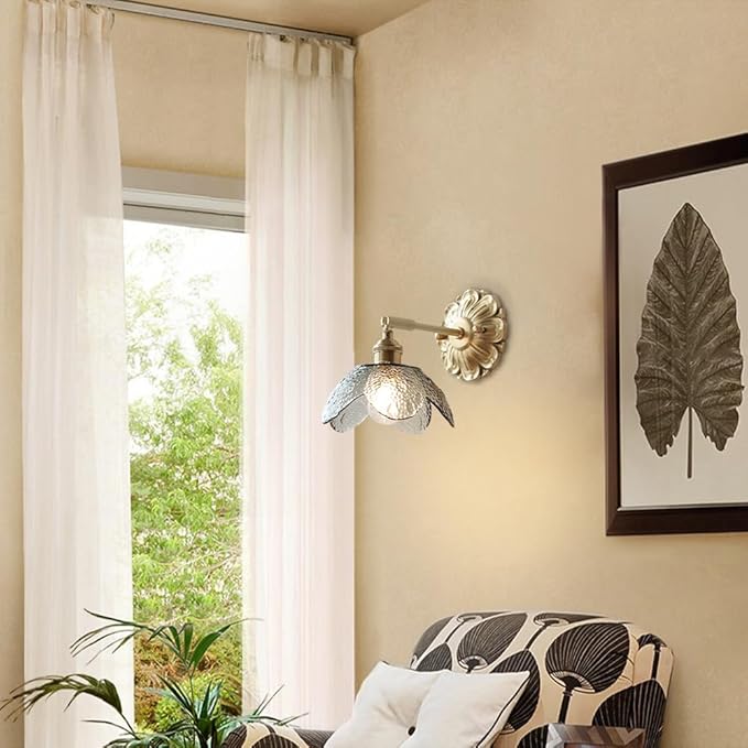 Modern Brass Wall Sconce Flower-Shaped Water Pattern Glass Wall Light Fixture Adjustable Bedside Wall Lamp, Japanese Style Wabi Sabi Polished Brass Wall Sconces for Bedroom Living Room
