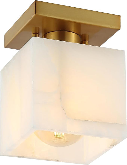 JONATHAN Y 5" White Marbling/Brass Gold Modern 1-Light Semi Flush Mount Ceiling Light for Bedroom, Cube White Alabaster Marble Shade, Mid-Century Minimalist Fixture, LED Bulb Included JYL1202A