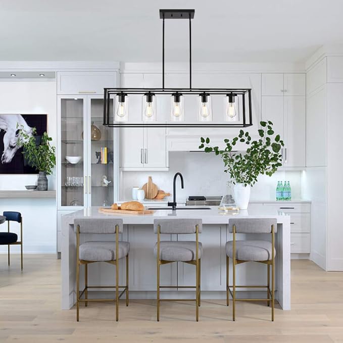 VINLUZ Farmhouse Chandeliers Rectangle Black 5 Light Dining Room Lighting Fixtures Hanging, Kitchen Island Cage Pendant Lights Contemporary Modern Ceiling Light with Glass Shade Adjustable Rods - Aura Lighting