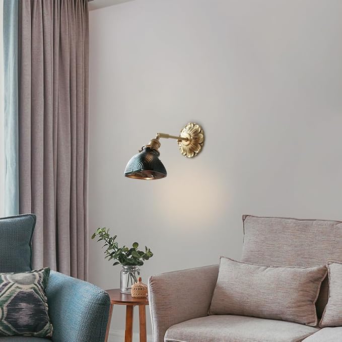Elegant Brass Wall Sconce Modern Adjustable Home Decor Lighting Fixture with Striped Green/Clear Glass Shade, Japanese-Style Wabi Sabi Polished Brass Hardwired Sconces for Bedroom