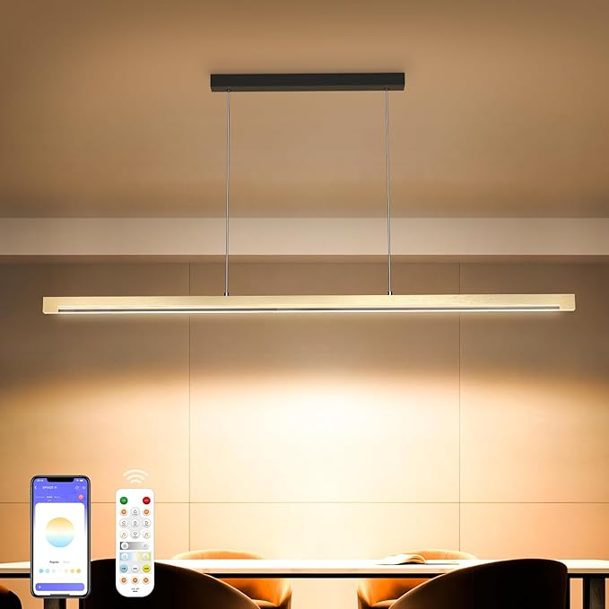 54" Linear Pendant Light Aluminum, 40W Gold Dimmable Kitchen Island Lighting with Remote & App Control, Adjustable CCT (3000K-6000K), Modern Chandelier for Home Office Dining Room Study